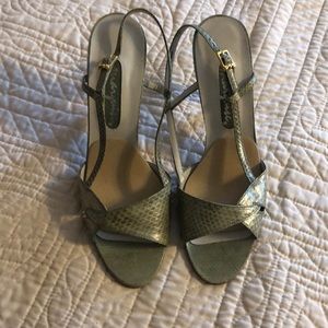 Marquise 7m strappy Light green snakeskin shoes.